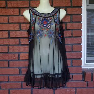 Mesh Embroidered Tank M Black Overlay Red Blue Flower Dark Fairy Whimsigoth Boho